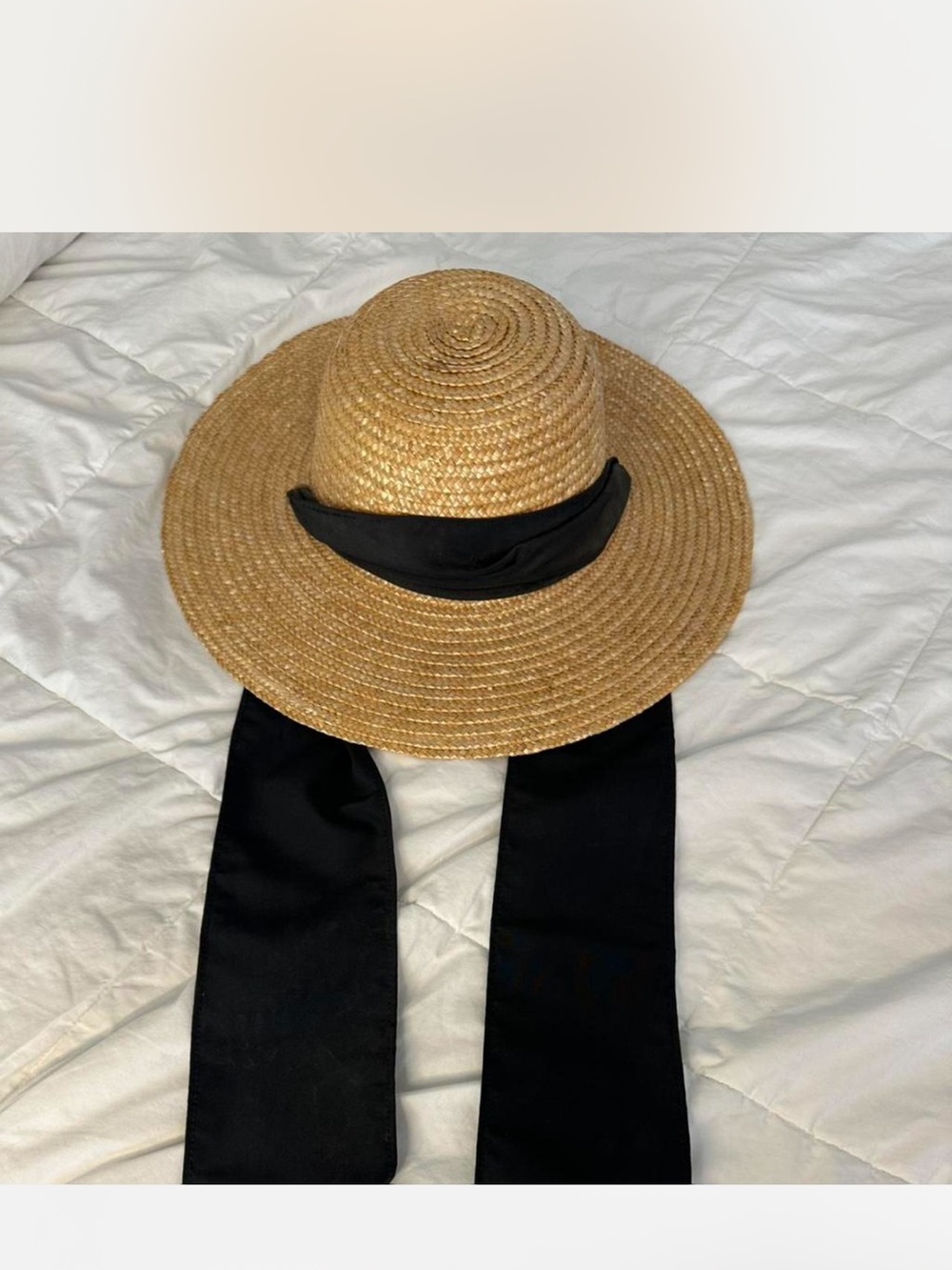 Woven Wide Brim Tan/Brown/Gold Straw Sun Hat with Black Ribbon Trim and Tie